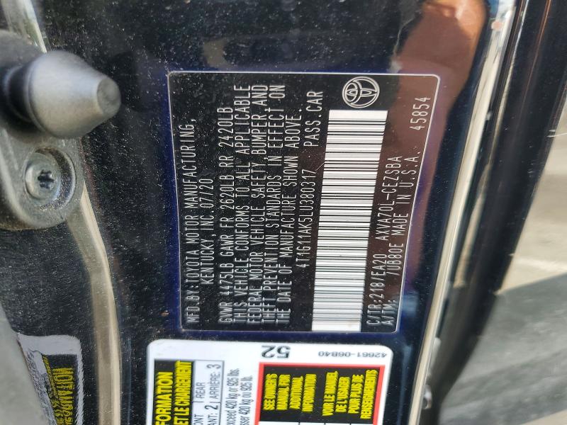 2020 Toyota Camry მანქანა იყიდება აუქციონზე, vin: 4T1G11AK5LU380317, აუქციონის ნომერი: 56254446