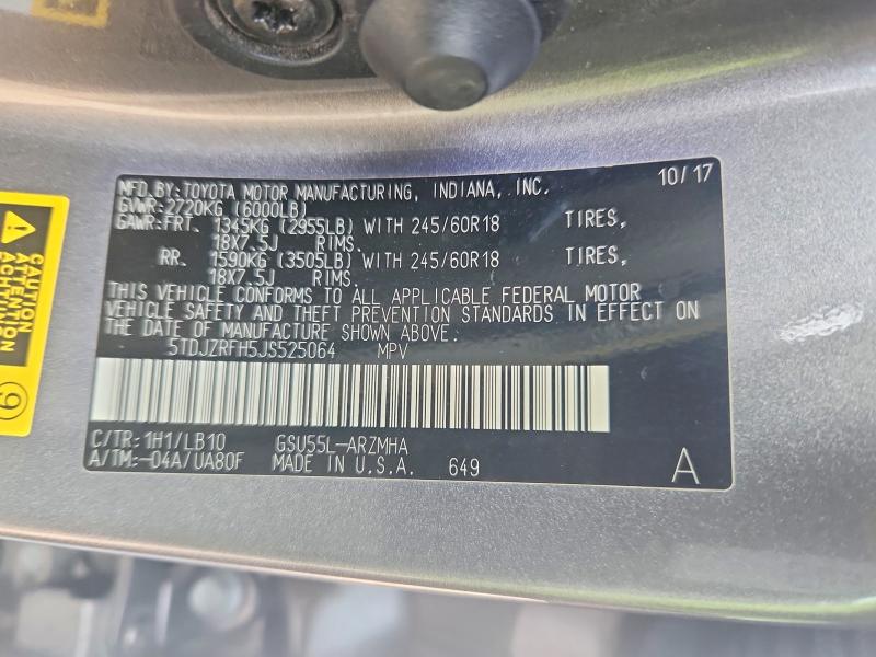 Продаж на аукціоні авто 2018 Toyota Highlander, vin: 5TDJZRFH5JS525064, номер лоту: 55870296
