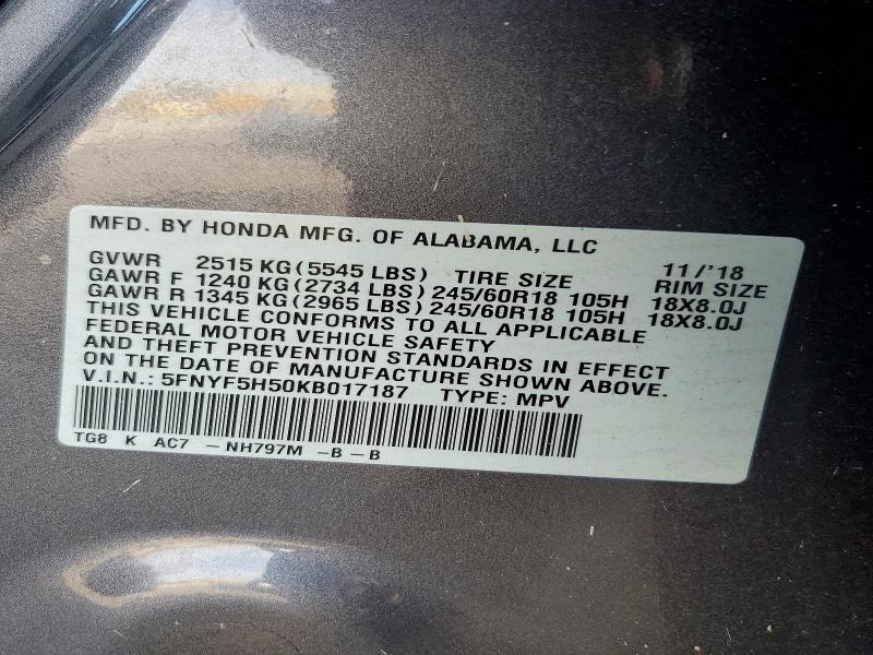 59312956 :رقم المزاد ، 5FNYF5H50KB017187 vin ، 2019 Honda Pilot مزاد بيع