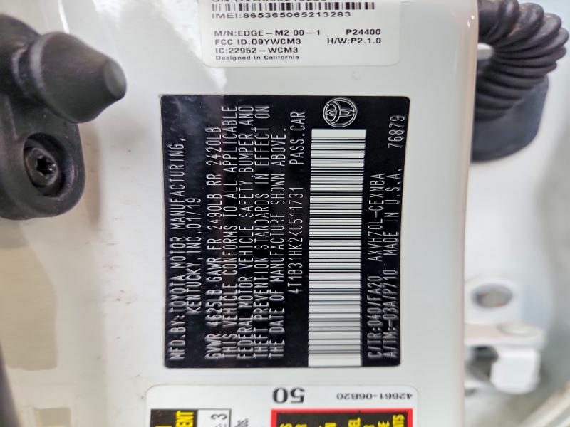 Aukcja sprzedaży 2019 Toyota Camry Hybrid, vin: 4T1B31HK2KU511731, numer aukcji: 57044656