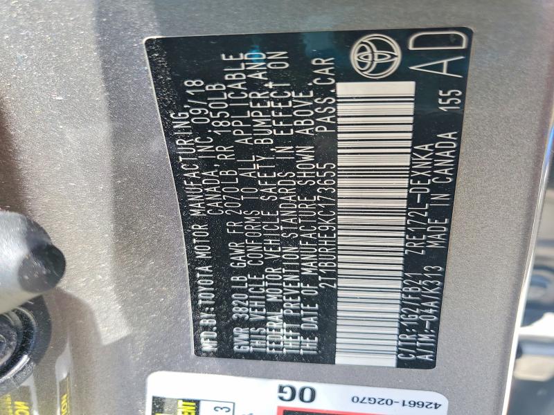 Продажа на аукционе авто 2019 Toyota Corolla, vin: 2T1BURHE9KC173655, номер лота: 55923286