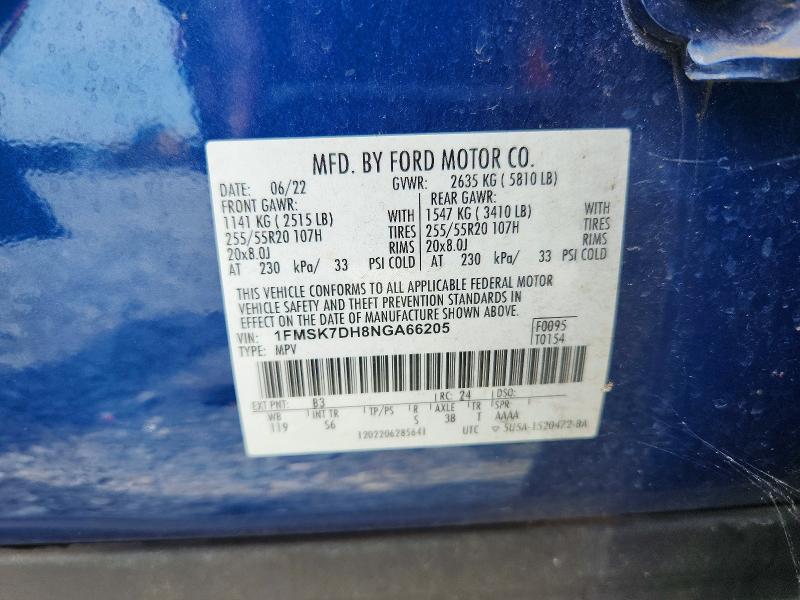 Продаж на аукціоні авто 2022 Ford Explorer, vin: 1FMSK7DH8NGA66205, номер лоту: 56933886