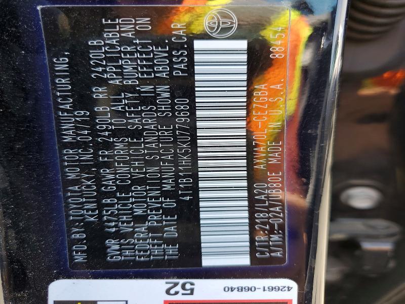55602266 :رقم المزاد ، 4T1B11HK5KU779680 vin ، 2019 Toyota Camry مزاد بيع