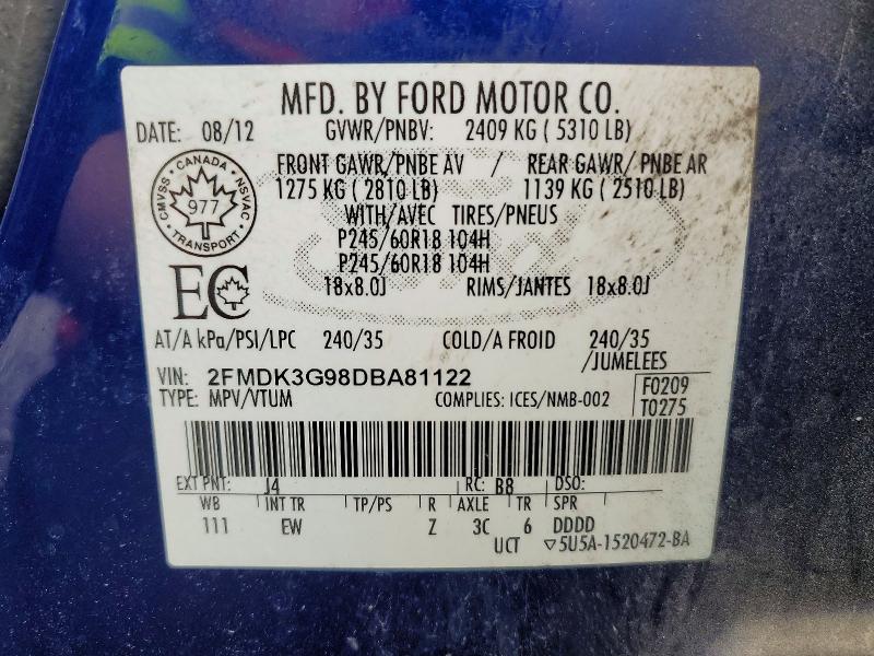 57022226 :رقم المزاد ، 2FMDK3G98DBA81122 vin ، 2013 Ford Edge مزاد بيع