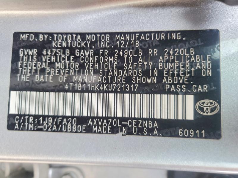 Aukcja sprzedaży 2019 Toyota Camry, vin: 4T1B11HK4KU721317, numer aukcji: 56304266