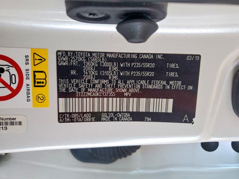 57029306 :رقم المزاد ، 2T2ZZMCA0KC137355 vin ، 2019 Lexus Rx 350 مزاد بيع