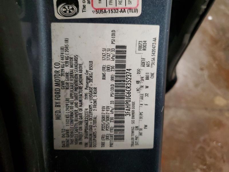 2012 Ford Fusion მანქანა იყიდება აუქციონზე, vin: 3FAHP0JG6CR352374, აუქციონის ნომერი: 55087716