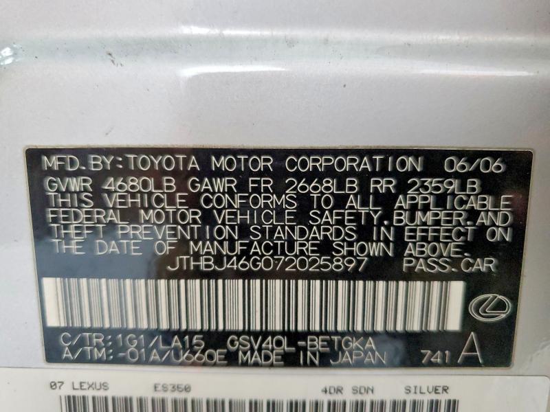 Продажа на аукционе авто 2007 Lexus Es, vin: JTHBJ46G072025897, номер лота: 56847356