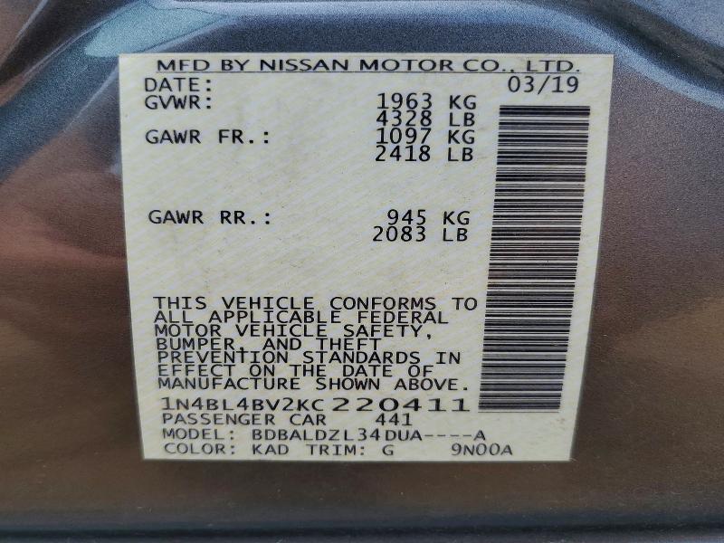 Продаж на аукціоні авто 2019 Nissan Altima, vin: 1N4BL4BV2KC220411, номер лоту: 58454336