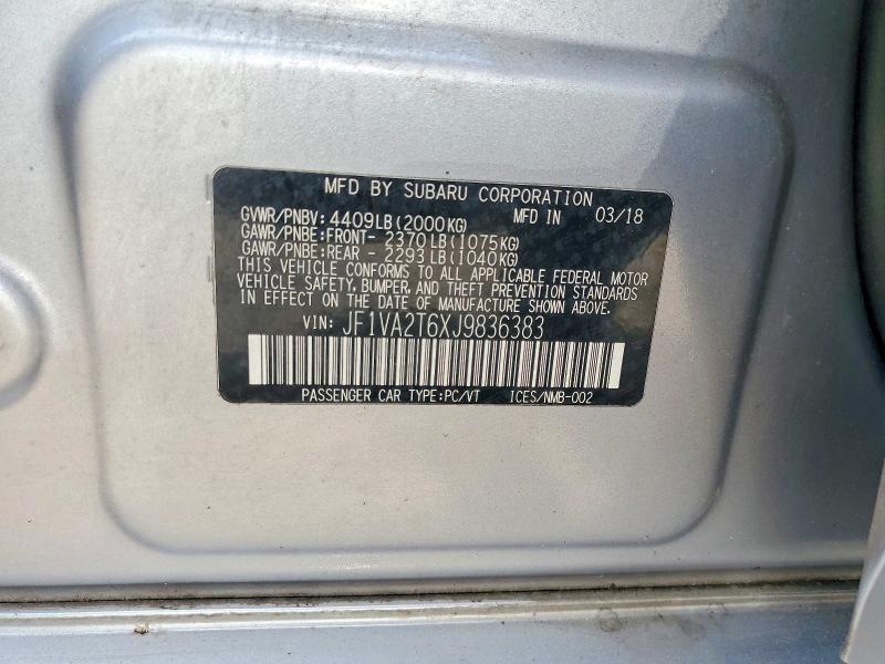 Продаж на аукціоні авто 2018 Subaru Wrx, vin: JF1VA2T6XJ9836383, номер лоту: 56730216