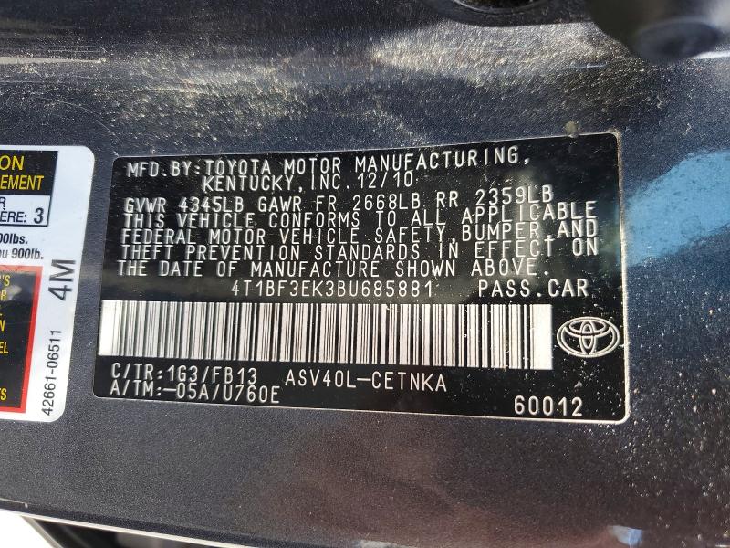 2011 Toyota Camry მანქანა იყიდება აუქციონზე, vin: 4T1BF3EK3BU685881, აუქციონის ნომერი: 58298696