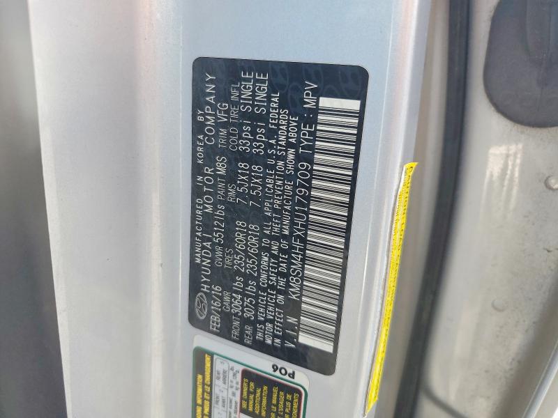 Aukcja sprzedaży 2017 Hyundai Santa Fe, vin: KM8SM4HFXHU179709, numer aukcji: 56269166
