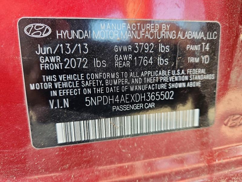 58354396 :رقم المزاد ، 5NPDH4AEXDH365502 vin ، 2013 Hyundai Elantra مزاد بيع