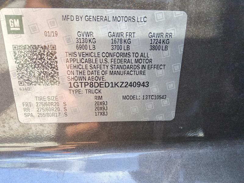 2019 Gmc Sierra მანქანა იყიდება აუქციონზე, vin: 1GTP8DED1KZ240943, აუქციონის ნომერი: 56974726
