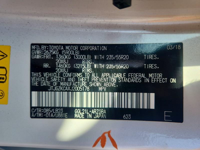 56257546 :رقم المزاد ، JTJGZKCAXJ2005178 vin ، 2018 Lexus Rx مزاد بيع