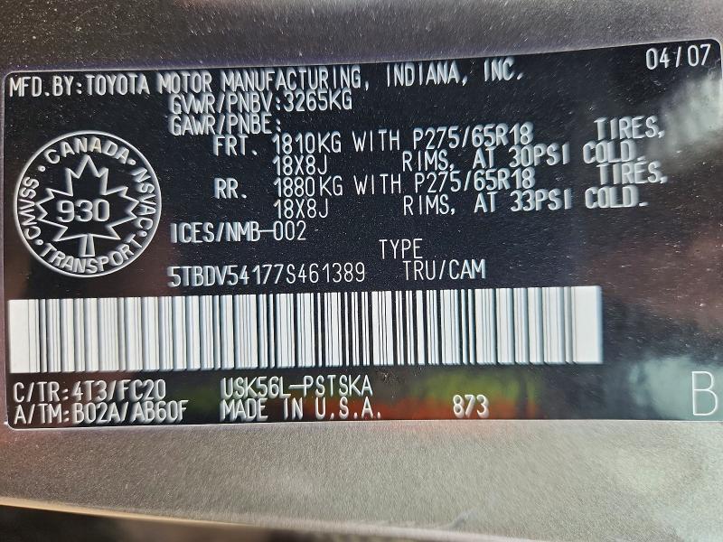Продажа на аукционе авто 2007 Toyota Tundra, vin: 5TBDV54177S461389, номер лота: 57507266