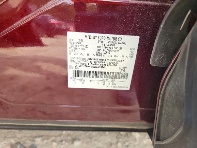 54971796 :رقم المزاد ، 2FMPK3K94KBB40524 vin ، 2019 Ford Edge مزاد بيع