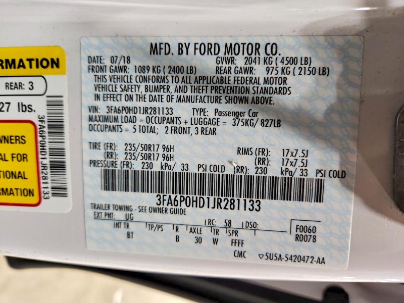 2018 Ford Fusion მანქანა იყიდება აუქციონზე, vin: 3FA6P0HD1JR281133, აუქციონის ნომერი: 57910596