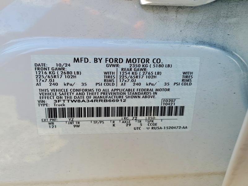 58946466 :رقم المزاد ، 3FTTW8A34RRB66912 vin ، 2024 Ford Maverick مزاد بيع