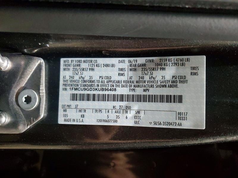 Продажа на аукционе авто 2019 Ford Escape, vin: 1FMCU9GD3KUB96408, номер лота: 57511226