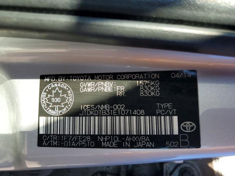 Aukcja sprzedaży 2014 Toyota Prius C, vin: JTDKDTB31E1071408, numer aukcji: 56087316