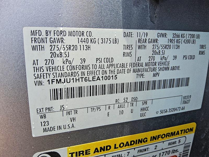2020 Ford Expedition მანქანა იყიდება აუქციონზე, vin: 1FMJU1HT6LEA10015, აუქციონის ნომერი: 55727586