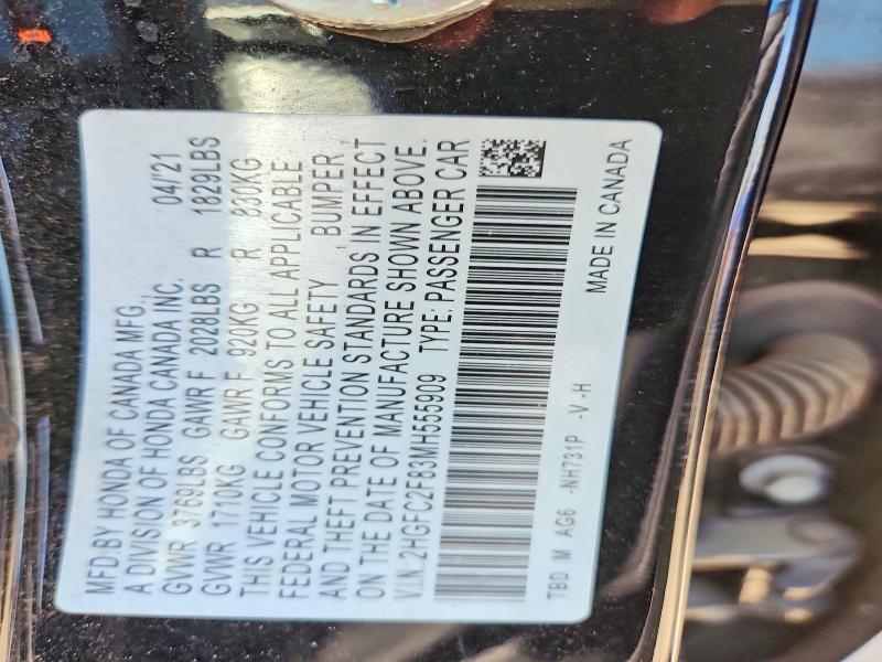 2021 Honda Civic მანქანა იყიდება აუქციონზე, vin: 2HGFC2F83MH555909, აუქციონის ნომერი: 57299196