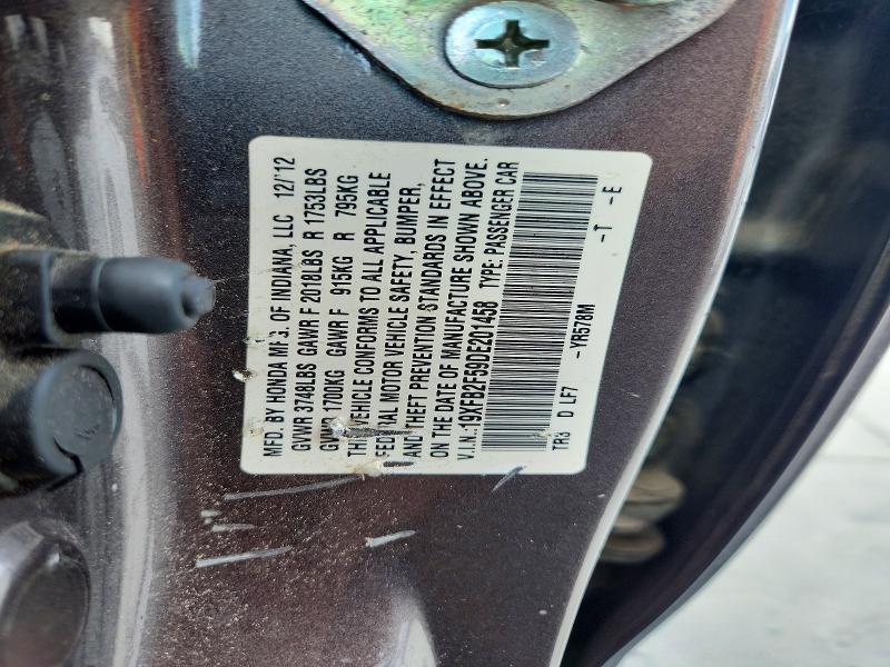 57487366 :رقم المزاد ، 19XFB2F59DE201458 vin ، 2013 Honda Civic مزاد بيع