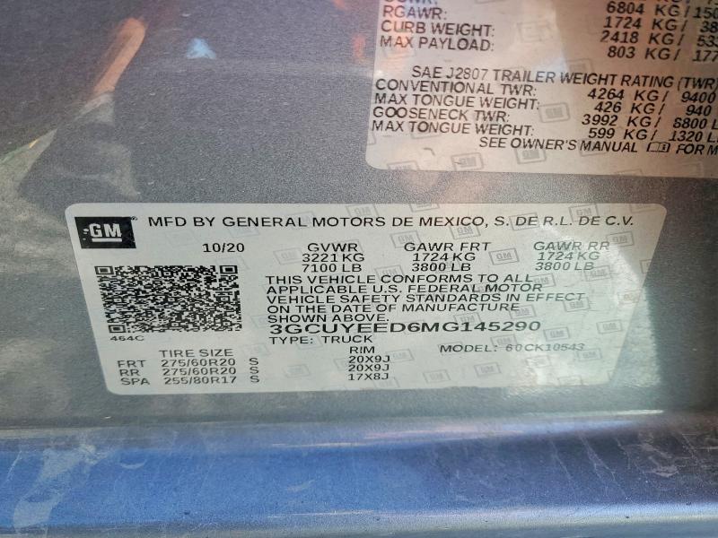 Aukcja sprzedaży 2021 Chevrolet Silverado, vin: 3GCUYEED6MG145290, numer aukcji: 57623536