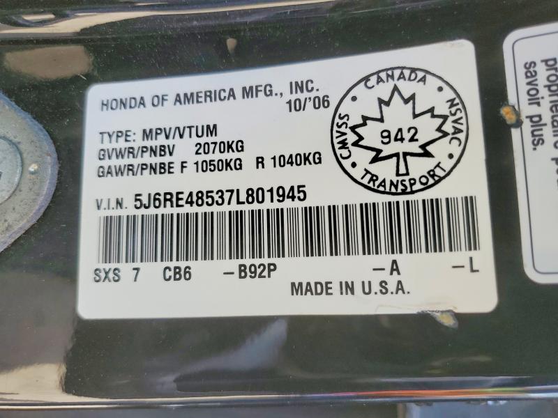 56068386 :رقم المزاد ، 5J6RE48537L801945 vin ، 2007 Honda Cr-v مزاد بيع