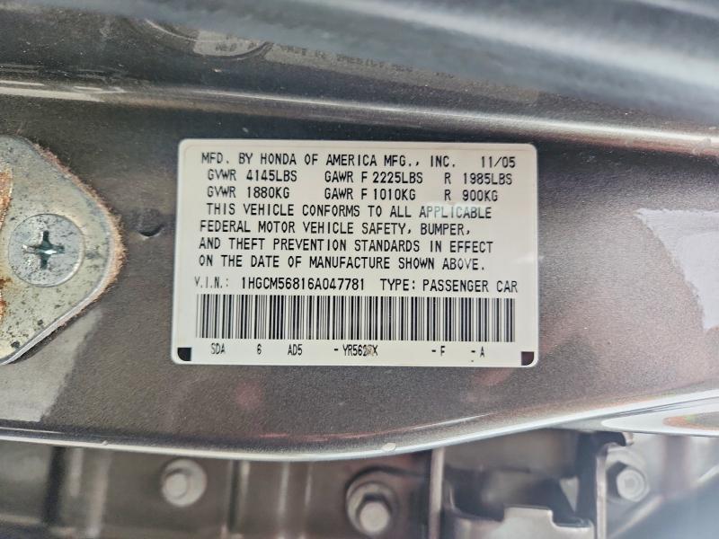 Aukcja sprzedaży 2006 Honda Accord, vin: 1HGCM56816A047781, numer aukcji: 56180756