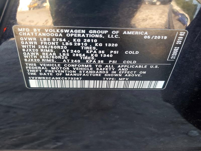 57026186 :رقم المزاد ، 1V2WR2CA9KC573267 vin ، 2019 Volkswagen Atlas مزاد بيع