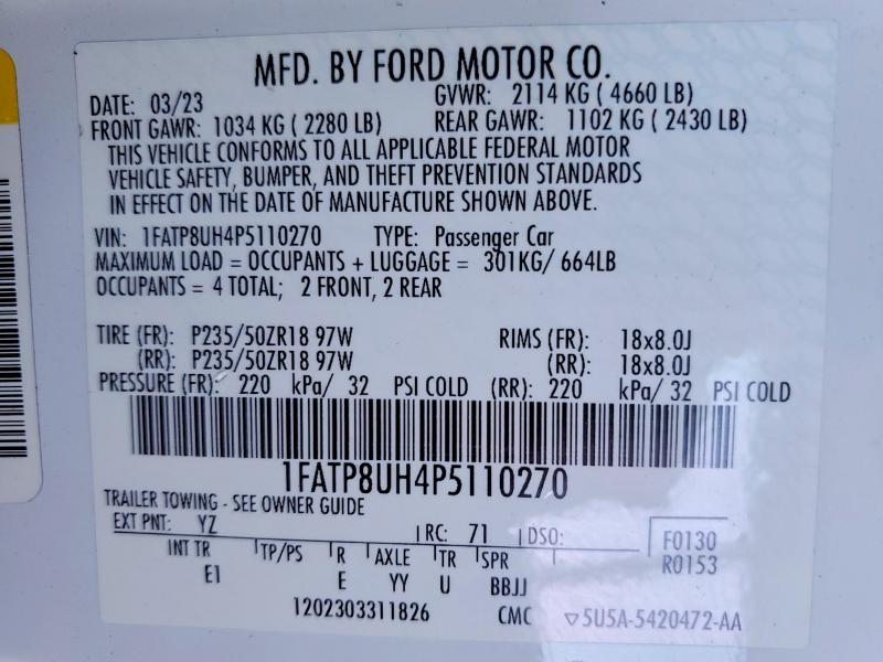 56345986 :رقم المزاد ، 1FATP8UH4P5110270 vin ، 2023 Ford Mustang مزاد بيع