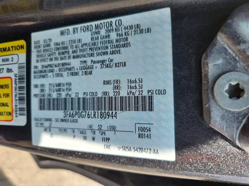 Продаж на аукціоні авто 2020 Ford Fusion, vin: 3FA6P0G76LR180944, номер лоту: 57970816