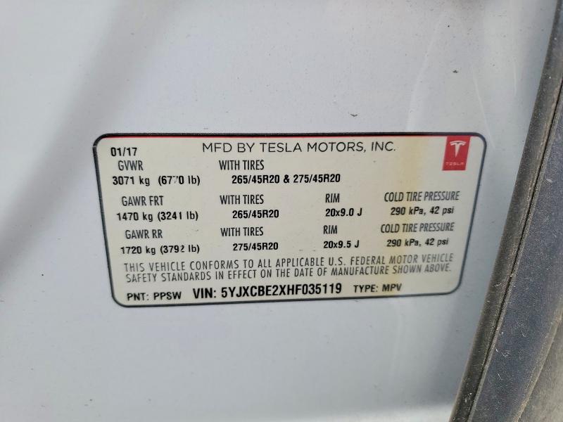 Продажа на аукционе авто 2017 Tesla Model X, vin: 5YJXCBE2XHF035119, номер лота: 58469986
