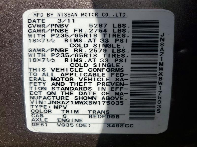 Aukcja sprzedaży 2011 Nissan Murano, vin: JN8AZ1MWXBW175035, numer aukcji: 58119706