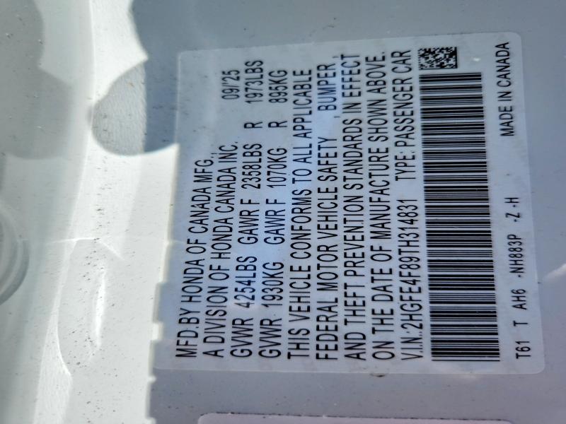 2026 Honda Civic მანქანა იყიდება აუქციონზე, vin: 2HGFE4F89TH314831, აუქციონის ნომერი: 56293266