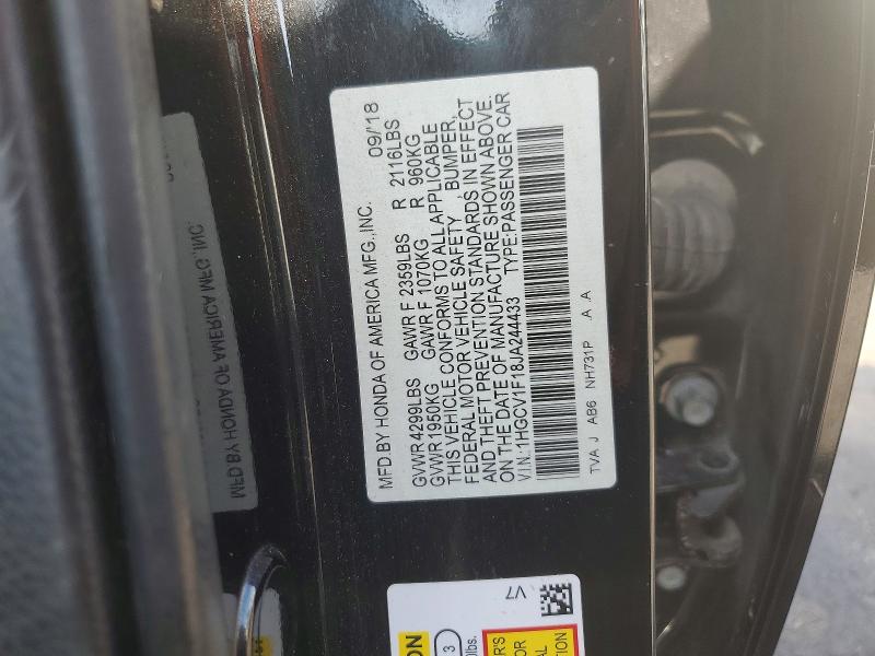 56715416 :رقم المزاد ، 1HGCV1F18JA244433 vin ، 2018 Honda Accord مزاد بيع
