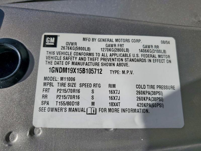 2005 Chevrolet Astro მანქანა იყიდება აუქციონზე, vin: 1GNDM19X15B105712, აუქციონის ნომერი: 85461755