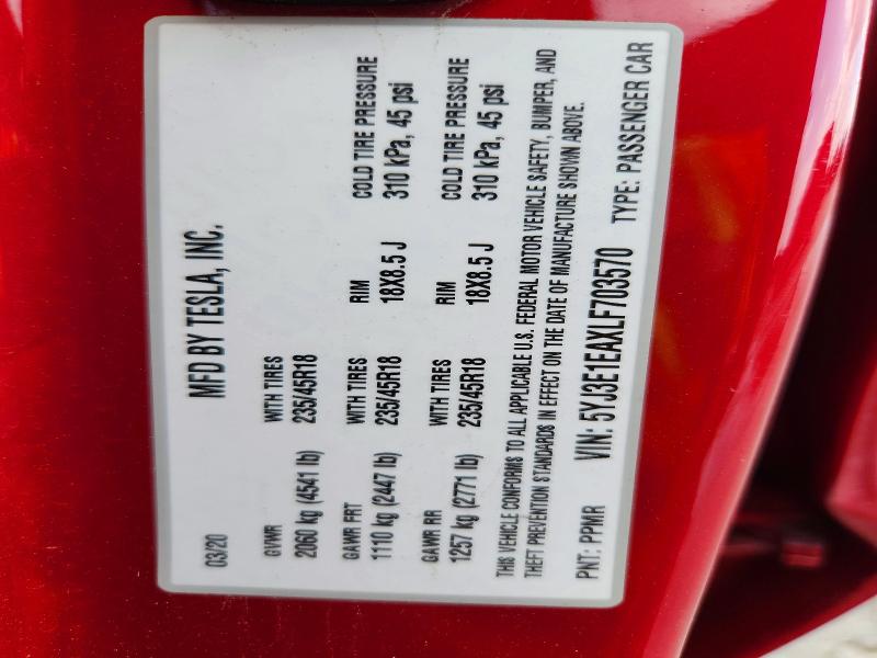 56491826 :رقم المزاد ، 5YJ3E1EAXLF703570 vin ، 2020 Tesla Model 3 مزاد بيع