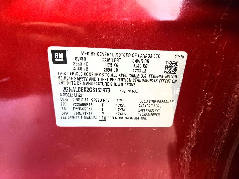 Aukcja sprzedaży 2016 Chevrolet Equinox, vin: 2GNALCEK2G6153978, numer aukcji: 57740036
