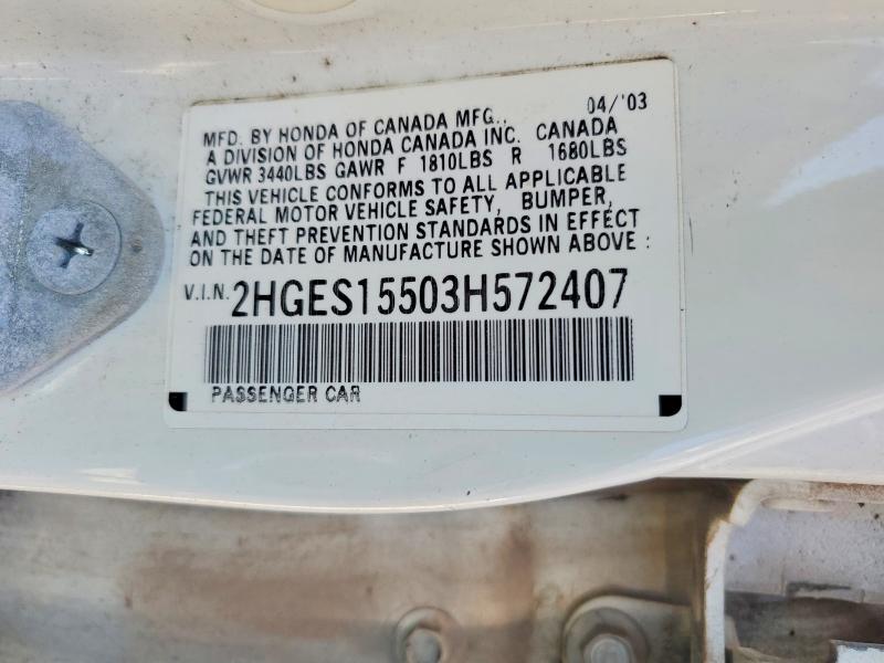 55916836 :رقم المزاد ، 2HGES15503H572407 vin ، 2003 Honda Civic مزاد بيع