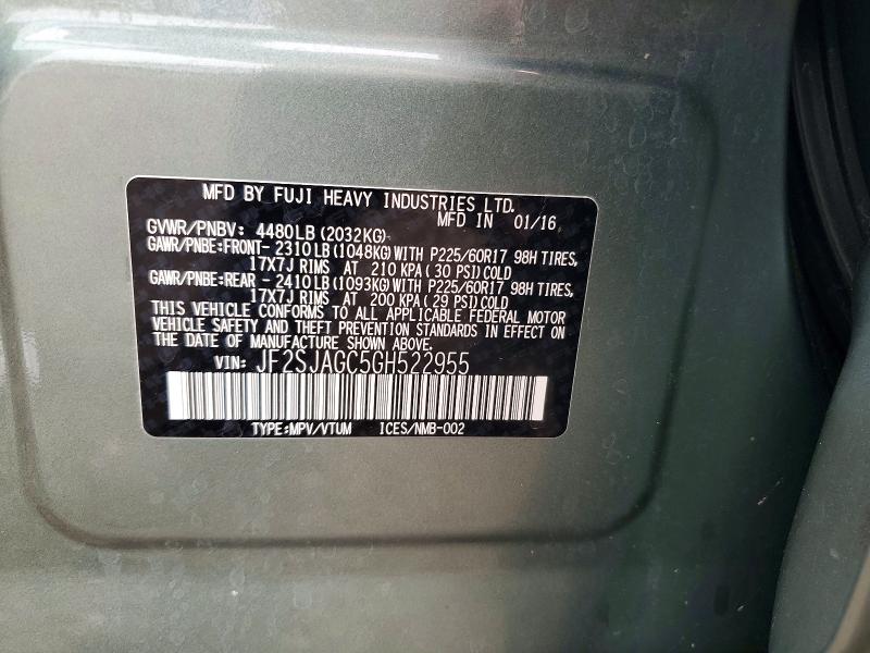 2016 Subaru Forester მანქანა იყიდება აუქციონზე, vin: JF2SJAGC5GH522955, აუქციონის ნომერი: 58391256