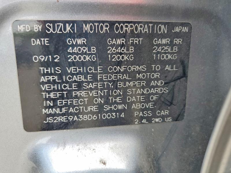 2013 Suzuki Kizashi მანქანა იყიდება აუქციონზე, vin: JS2RE9A38D6100314, აუქციონის ნომერი: 56505946