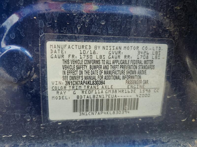 Продажа на аукционе авто 2019 Nissan Versa, vin: 3N1CN7AP4KL830394, номер лота: 56032196