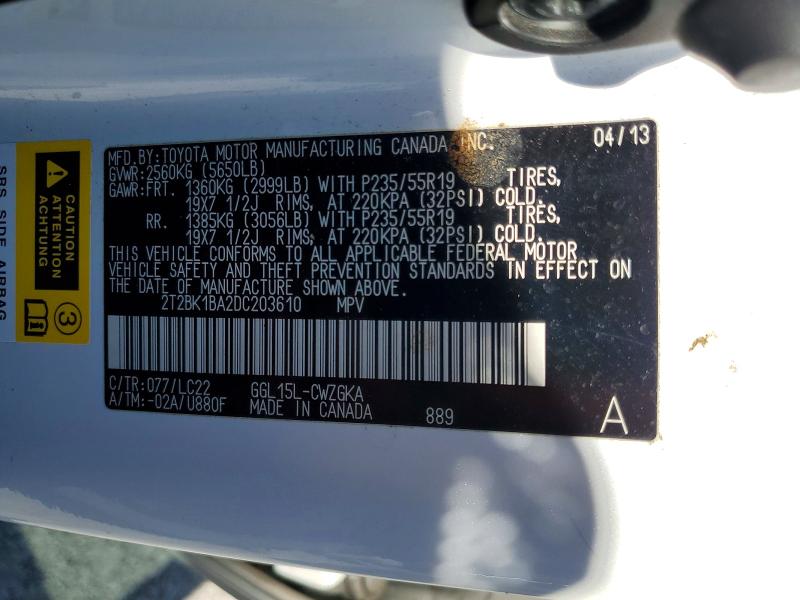 55851986 :رقم المزاد ، 2T2BK1BA2DC203610 vin ، 2013 Lexus Rx 350 مزاد بيع