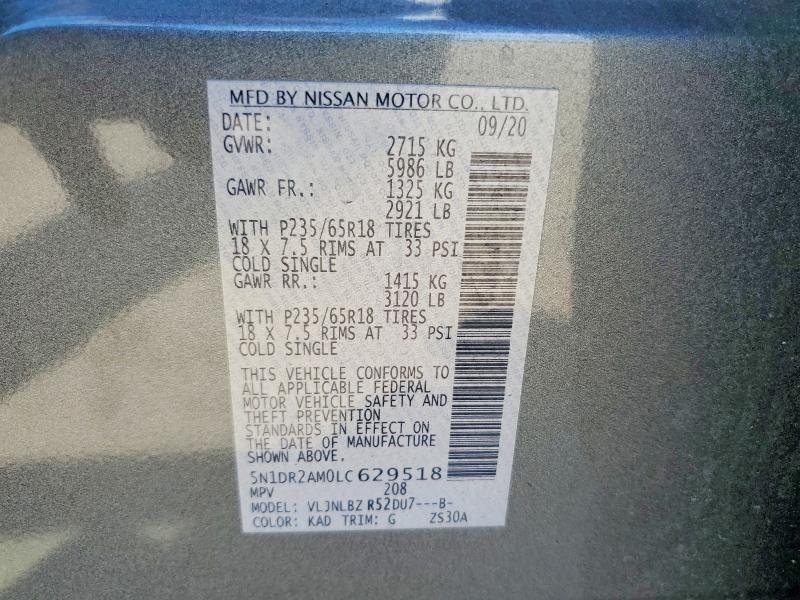 Продаж на аукціоні авто 2020 Nissan Pathfinder, vin: 5N1DR2AM0LC629518, номер лоту: 58086406