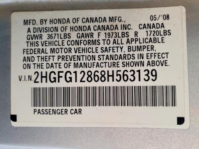 2008 Honda Civic მანქანა იყიდება აუქციონზე, vin: 2HGFG12868H563139, აუქციონის ნომერი: 58253106