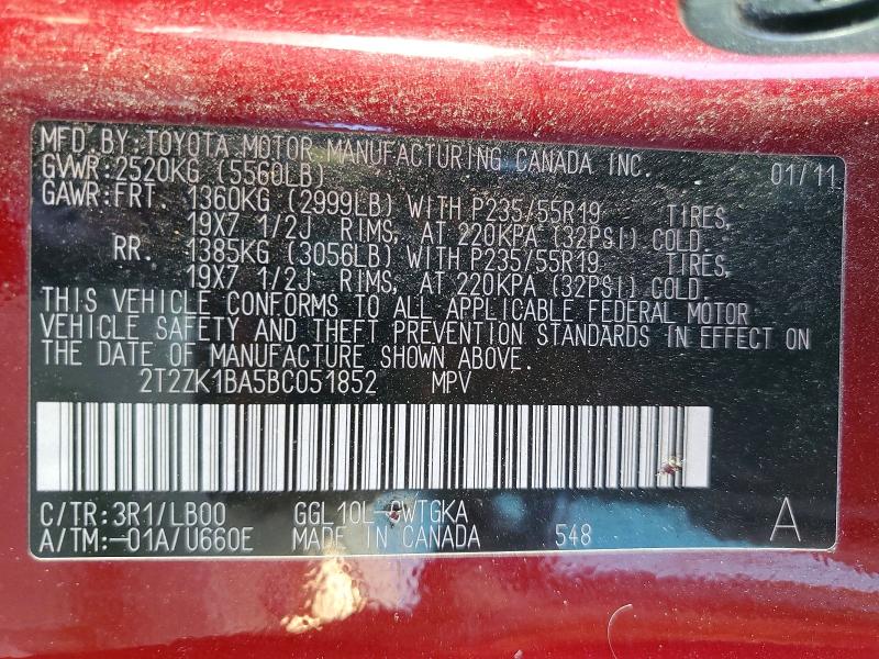 55831486 :رقم المزاد ، 2T2ZK1BA5BC051852 vin ، 2011 Lexus Rx مزاد بيع