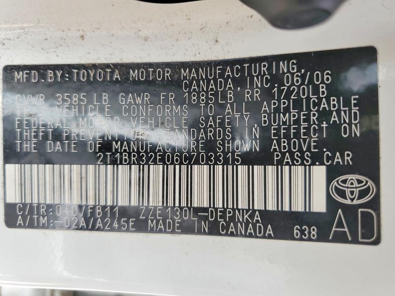 56149536 :رقم المزاد ، 2T1BR32E06C703315 vin ، 2006 Toyota Corolla مزاد بيع